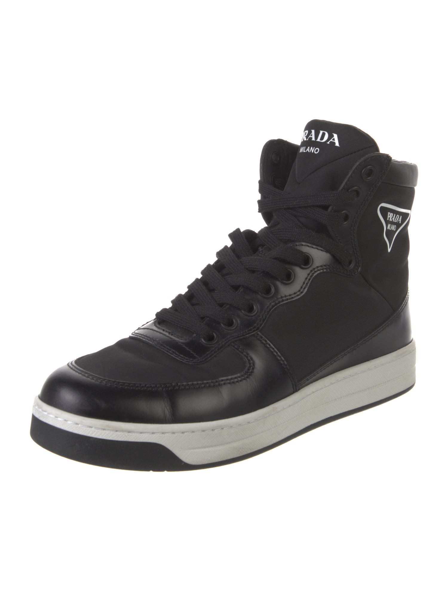 Prada Leather Graphic Print Wedge Sneakers