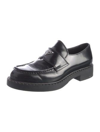 Prada Enameled Metal Triangle Leather Loafers