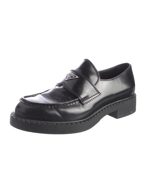Prada Enameled Metal Triangle Leather Loafers