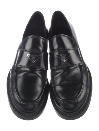 Prada Enameled Metal Triangle Leather Loafers
