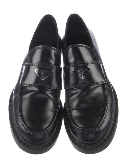 Prada Enameled Metal Triangle Leather Loafers