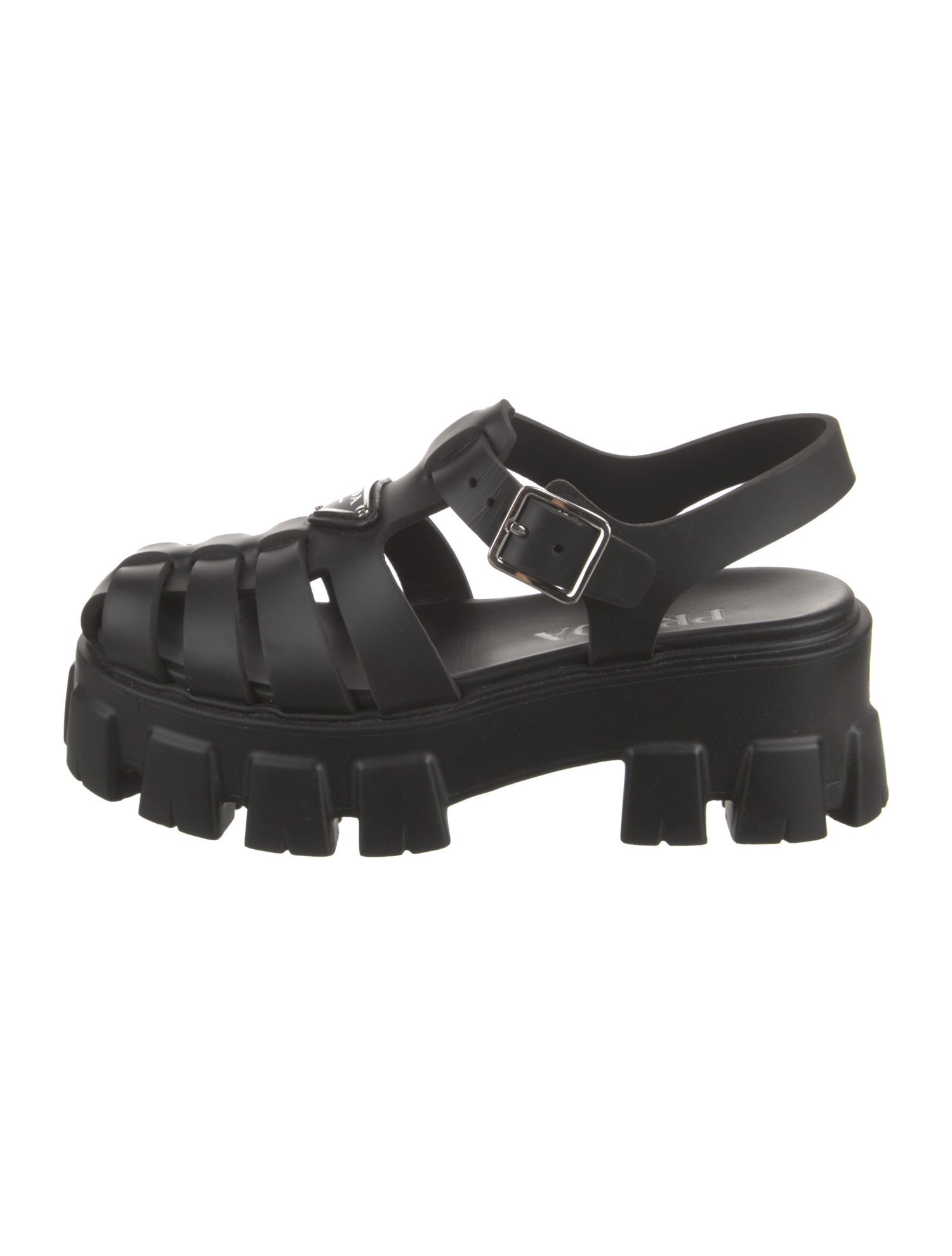 Prada Enameled Metal Triangle Leather Gladiator Sandals