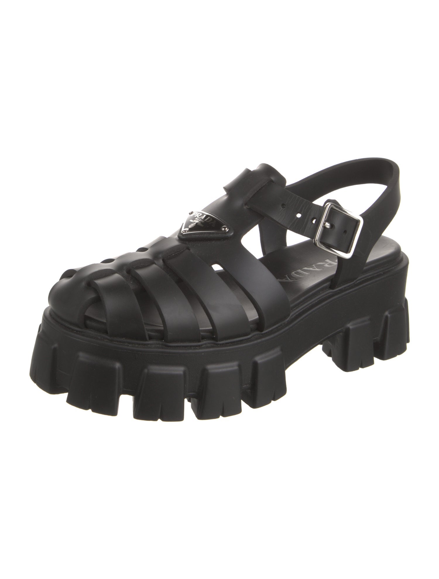 Prada Enameled Metal Triangle Leather Gladiator Sandals