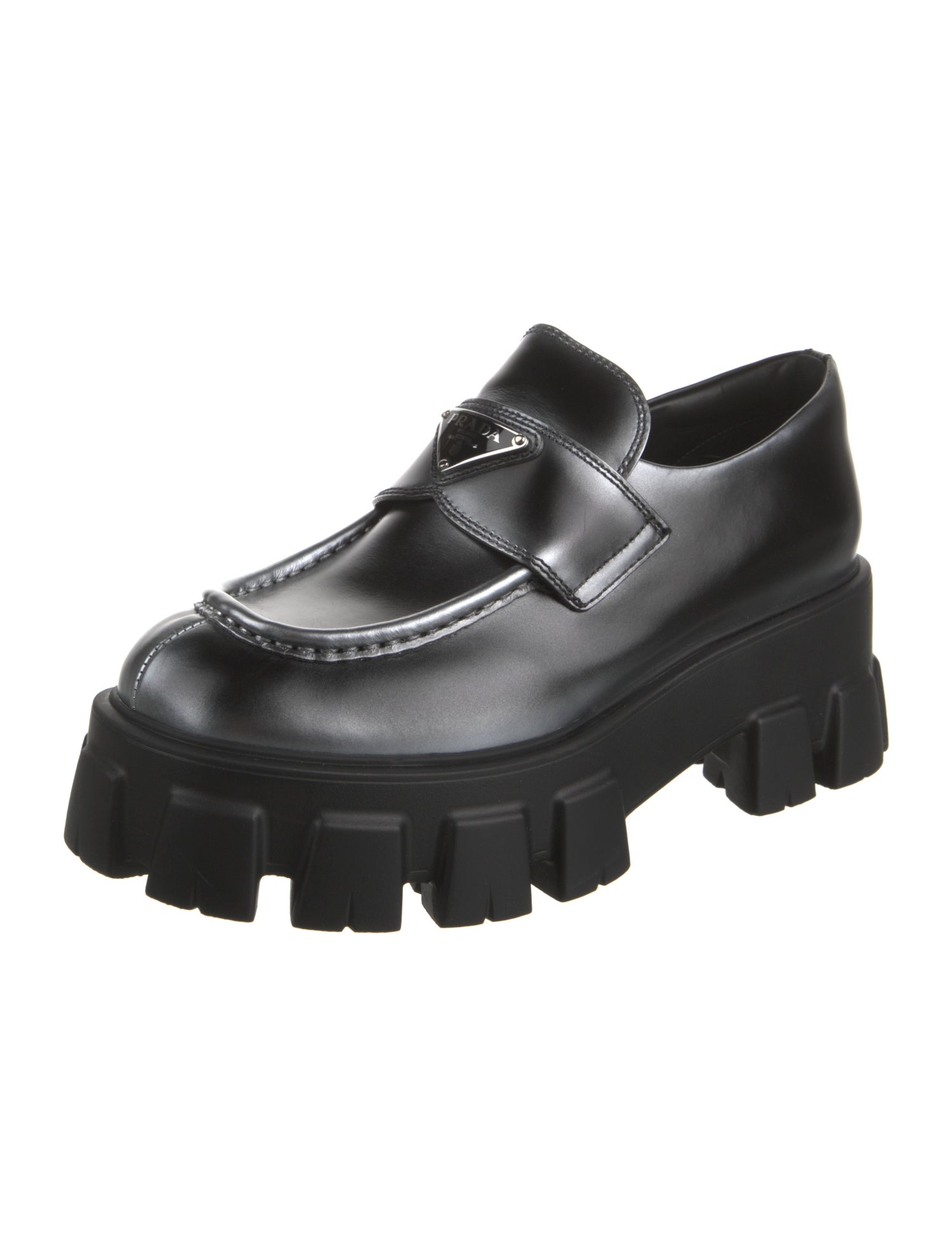 Prada Enameled Metal Triangle Leather Loafers