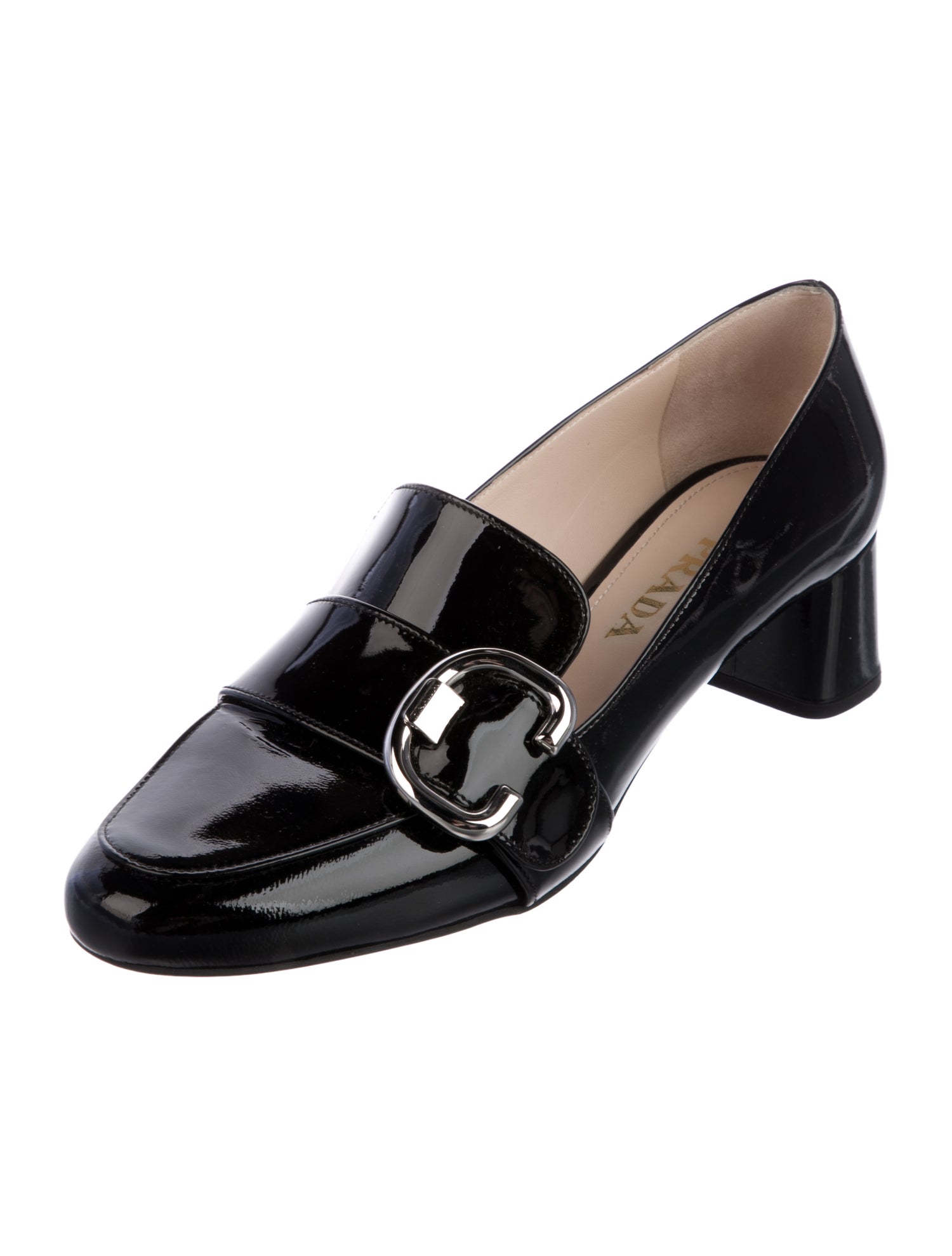 Prada Enameled Metal Triangle Patent Leather Pumps