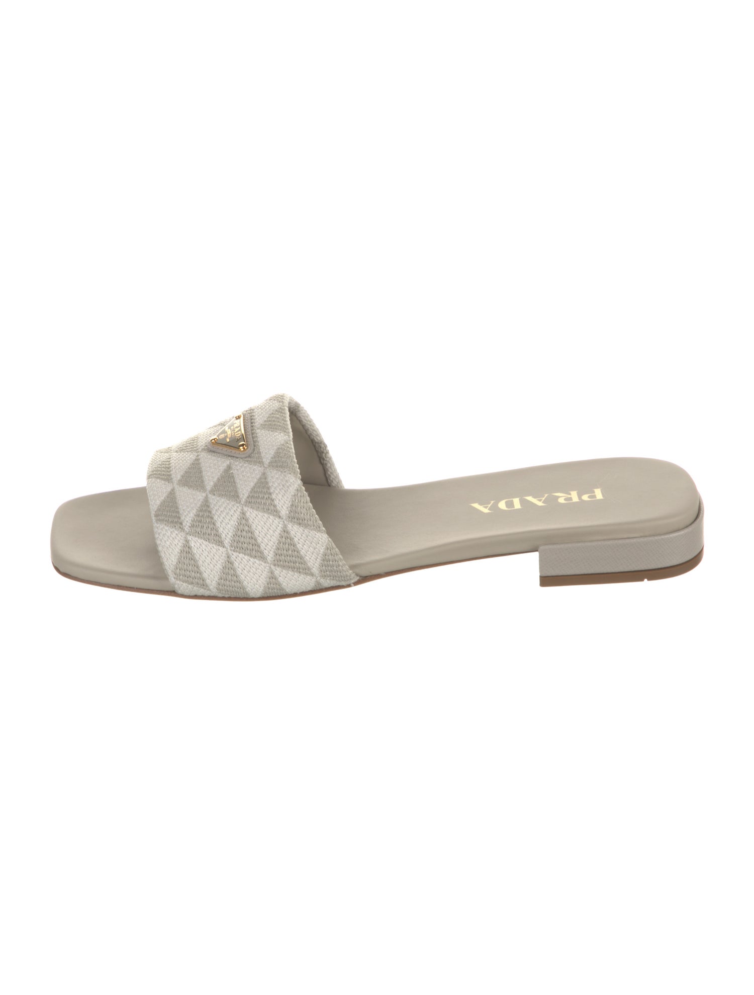 Prada Enameled Metal Triangle Printed Slides