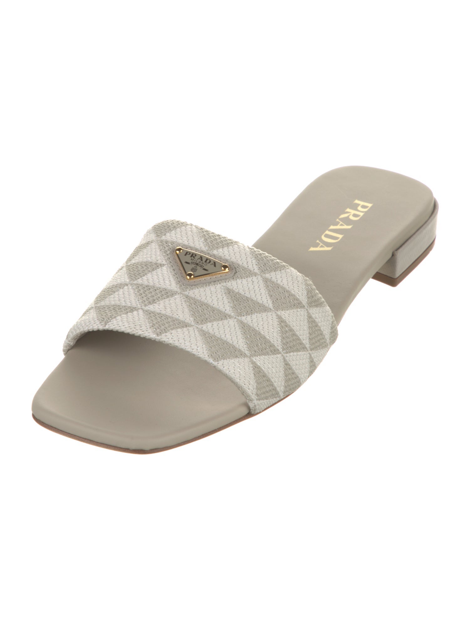 Prada Enameled Metal Triangle Printed Slides