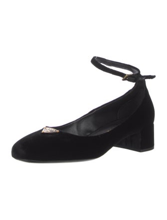 Prada Enameled Metal Triangle Velvet Pumps