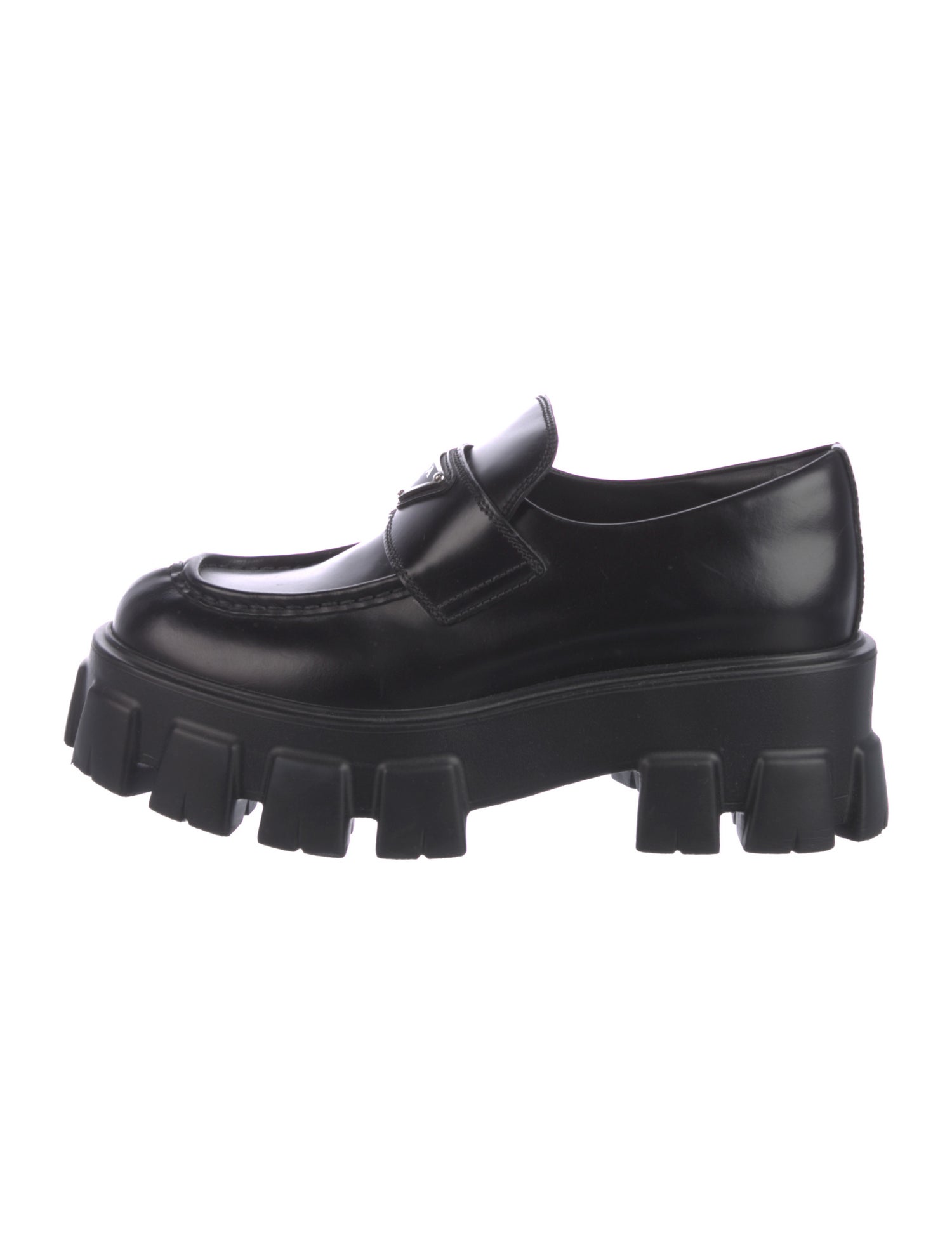Prada Enameled Metal Triangle Leather Oxfords