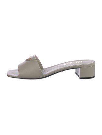 Prada Enameled Metal Triangle Saffiano Leather Slides