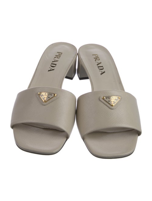 Prada Enameled Metal Triangle Saffiano Leather Slides