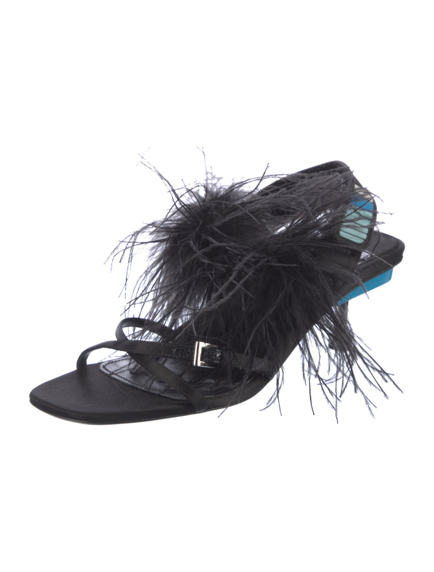 Prada Satin Feather Trim Slingback Sandals