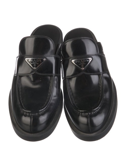 Prada Enameled Metal Triangle Leather Mules