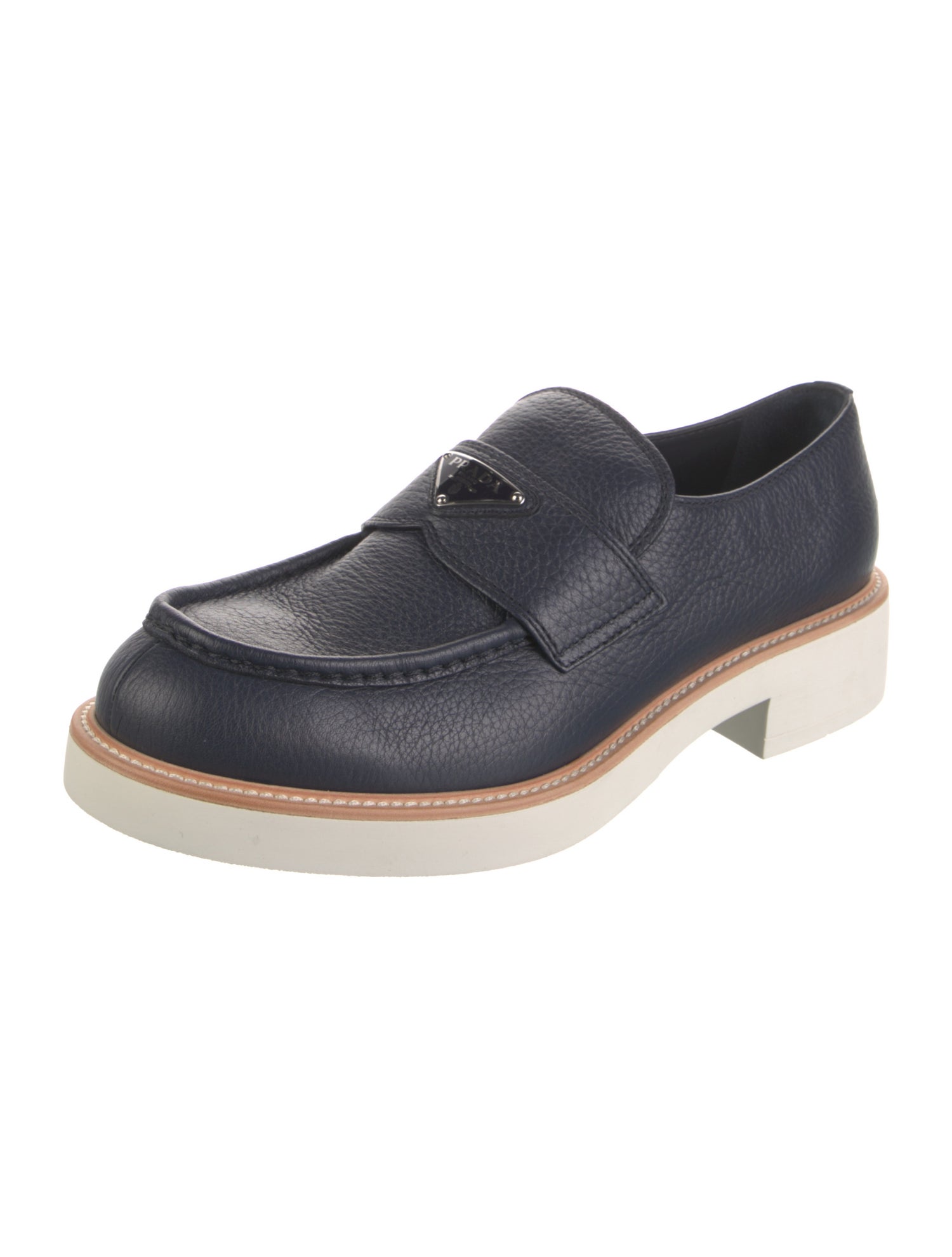 Prada Enameled Metal Triangle Calfskin Loafers