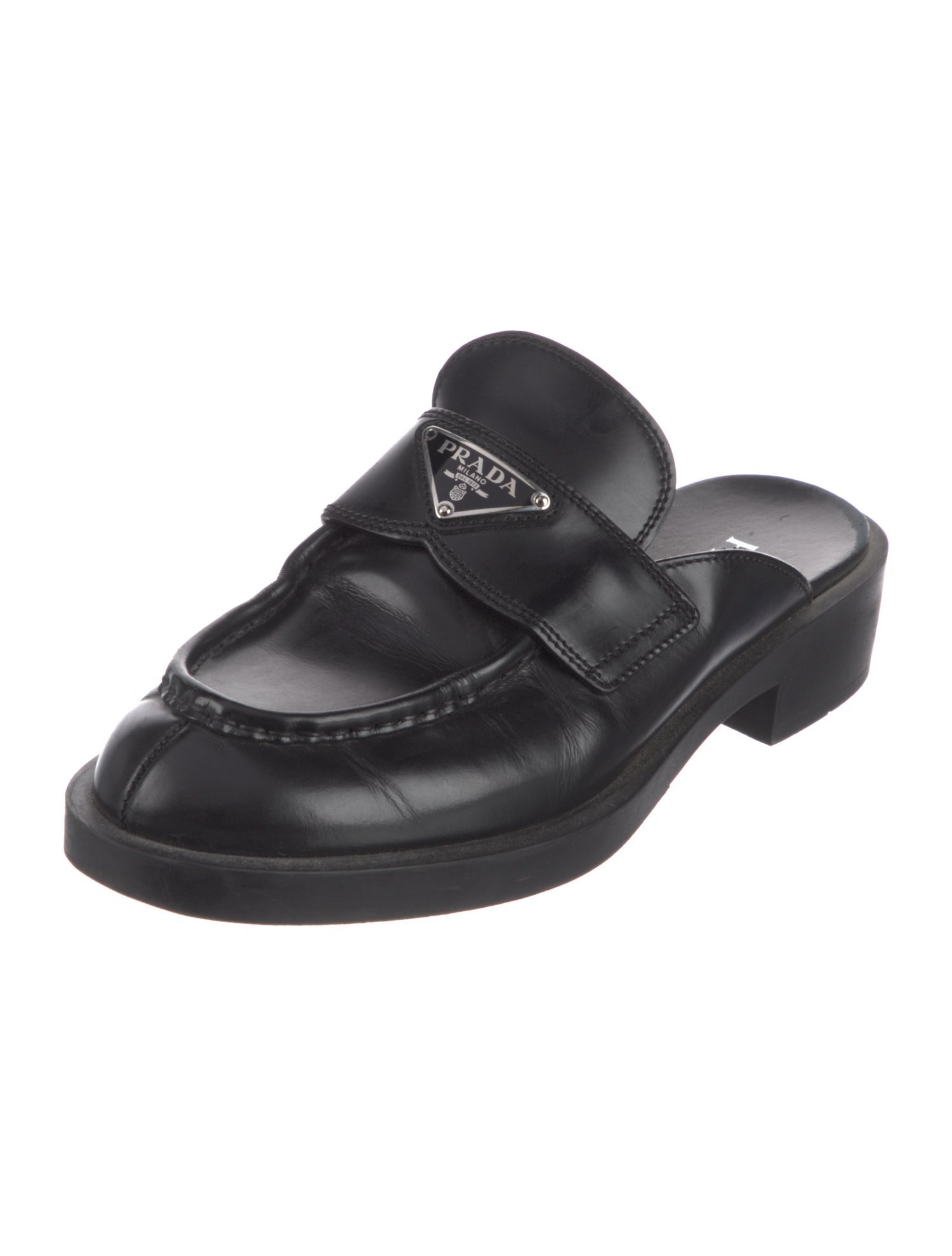 Prada Enameled Metal Triangle Leather Mules