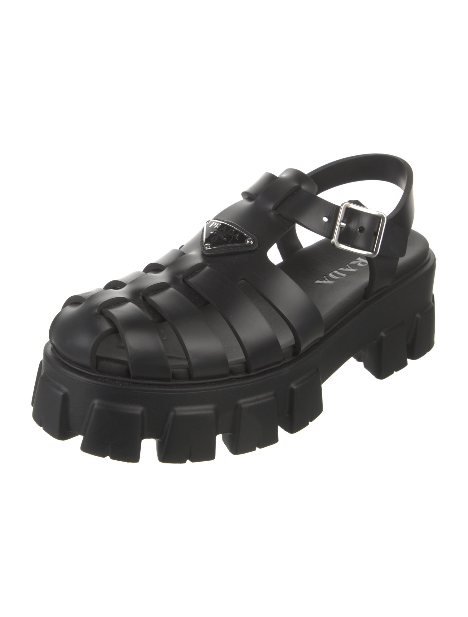 Prada Enameled Metal Triangle Rubber Slingback Sandals