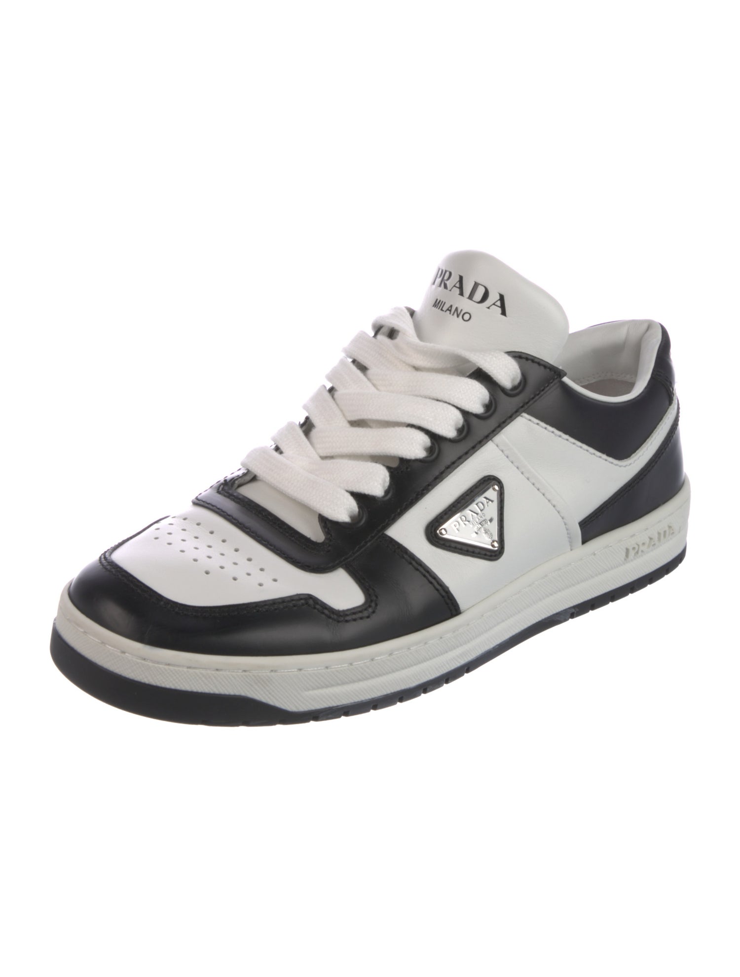 Prada Enameled Metal Triangle Leather Sneakers