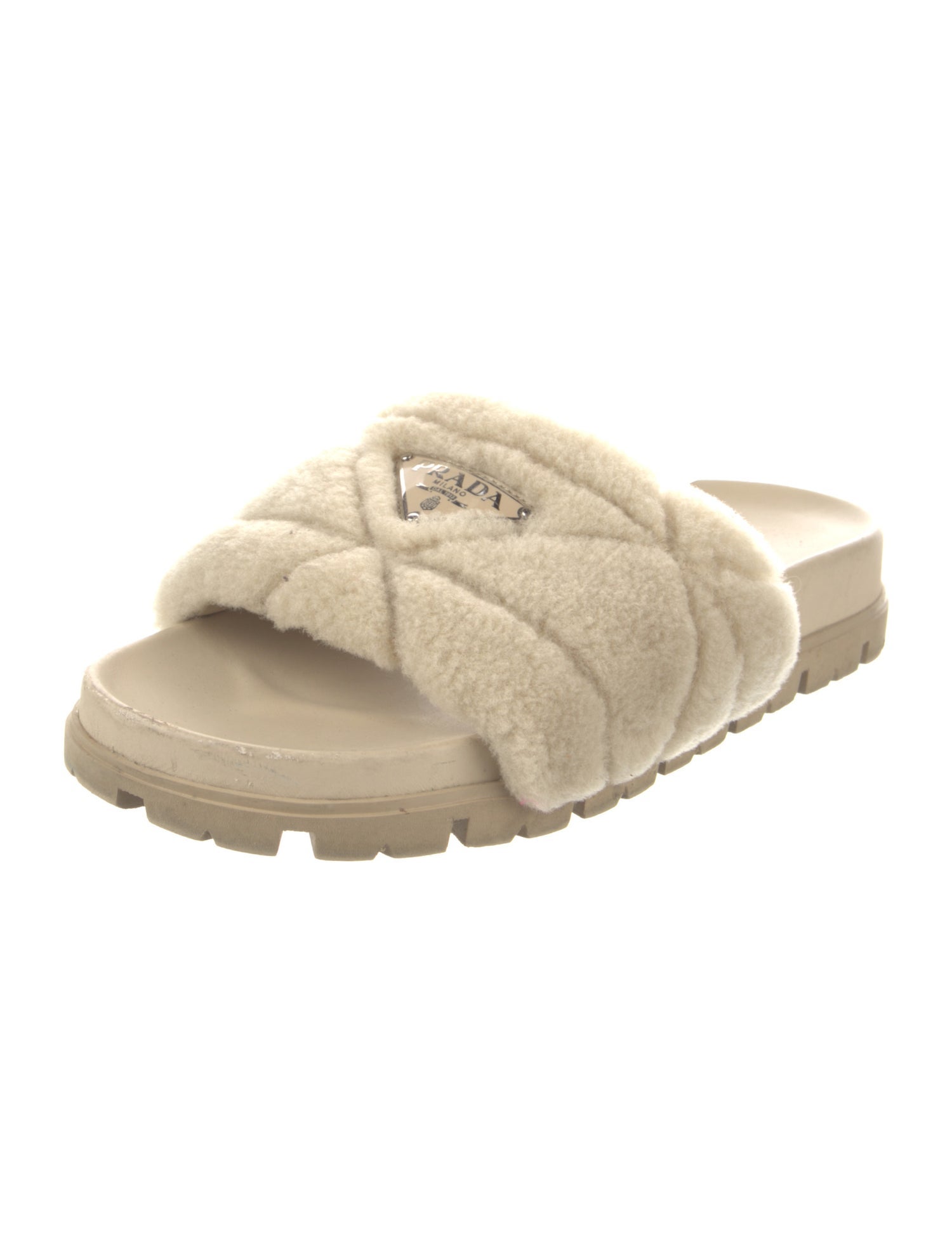 Prada Enameled Metal Triangle Shearling Slides