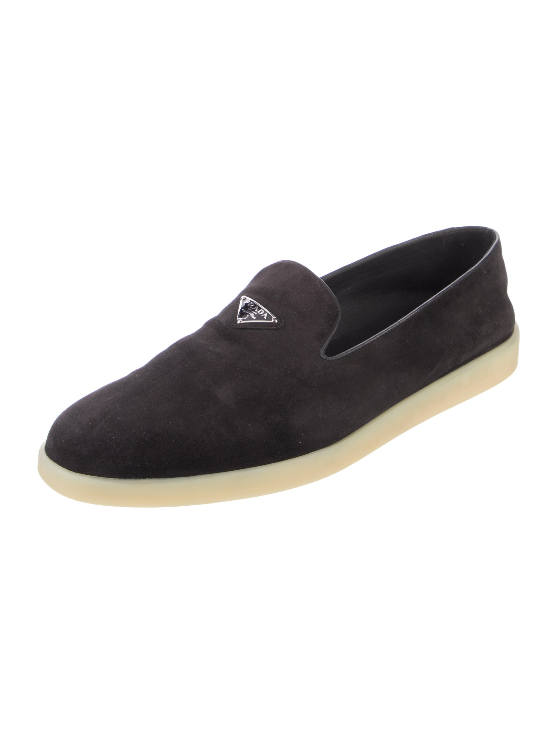 Prada Enameled Metal Triangle Suede Loafers