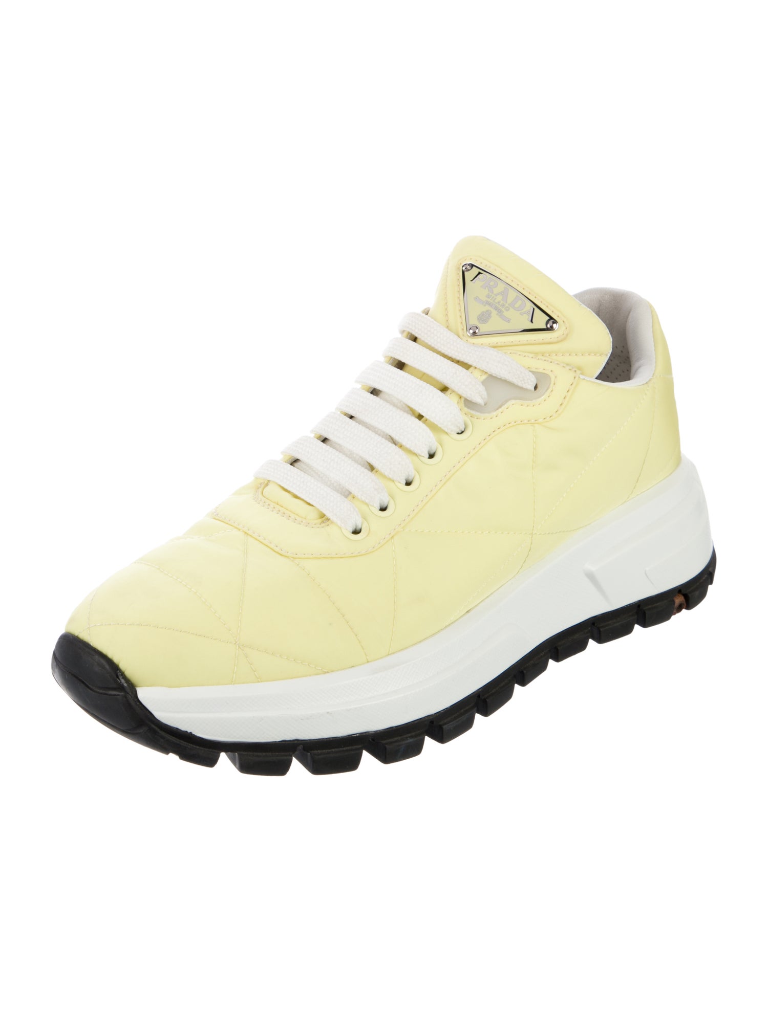 Prada Enameled Metal Triangle Nylon Sneakers