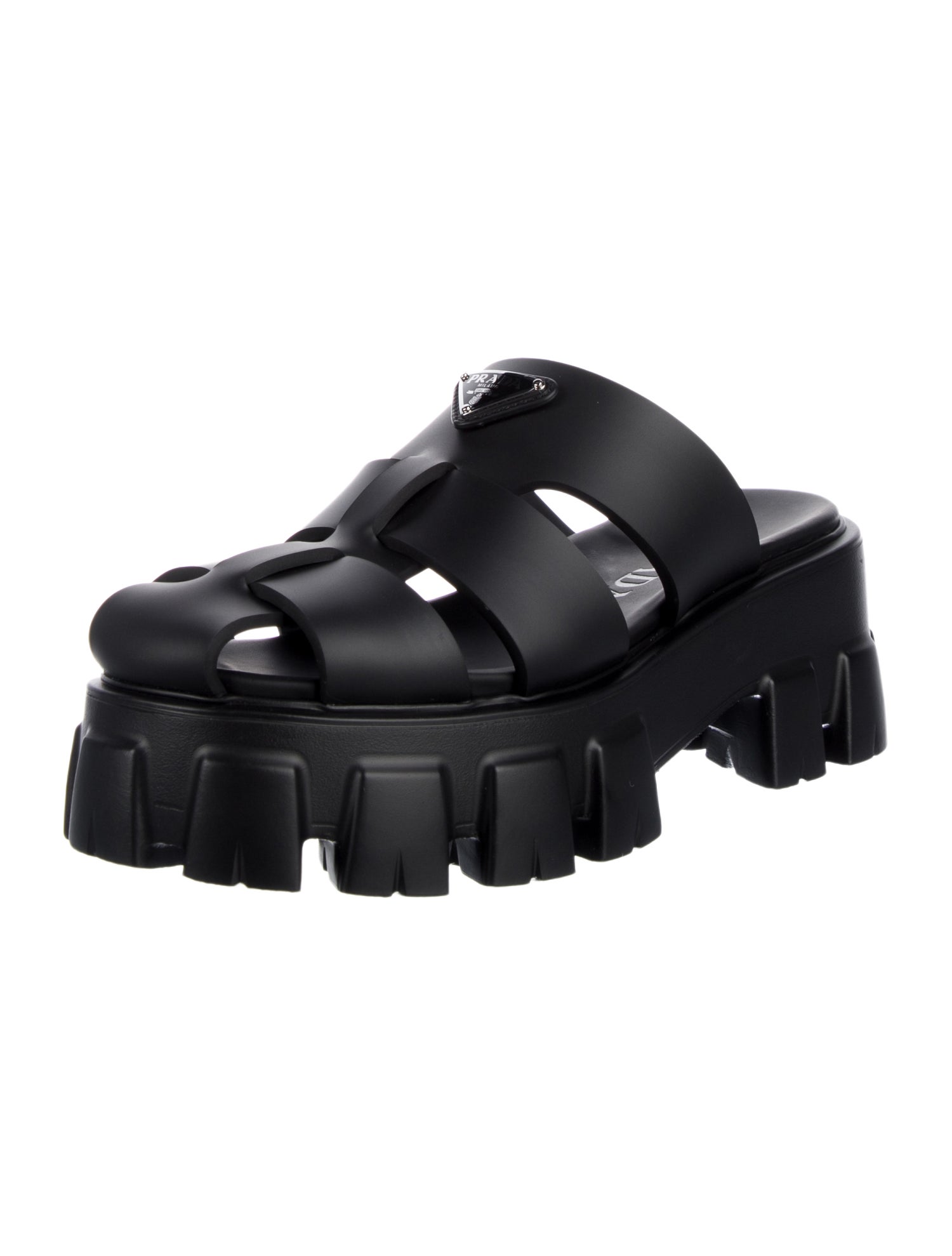 Prada Enameled Metal Triangle Rubber Mules w/ Tags