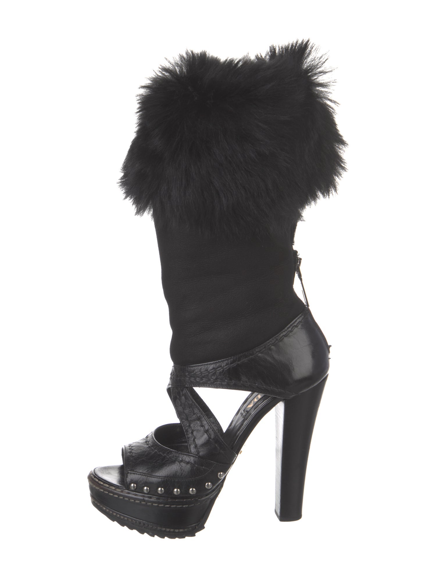 Prada Leather Fur Trim Gladiator Sandals