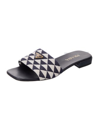 Prada Enameled Metal Triangle Printed Slides