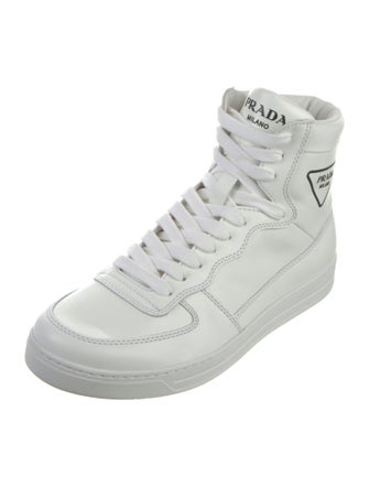 Prada Enameled Metal Triangle Leather Sneakers