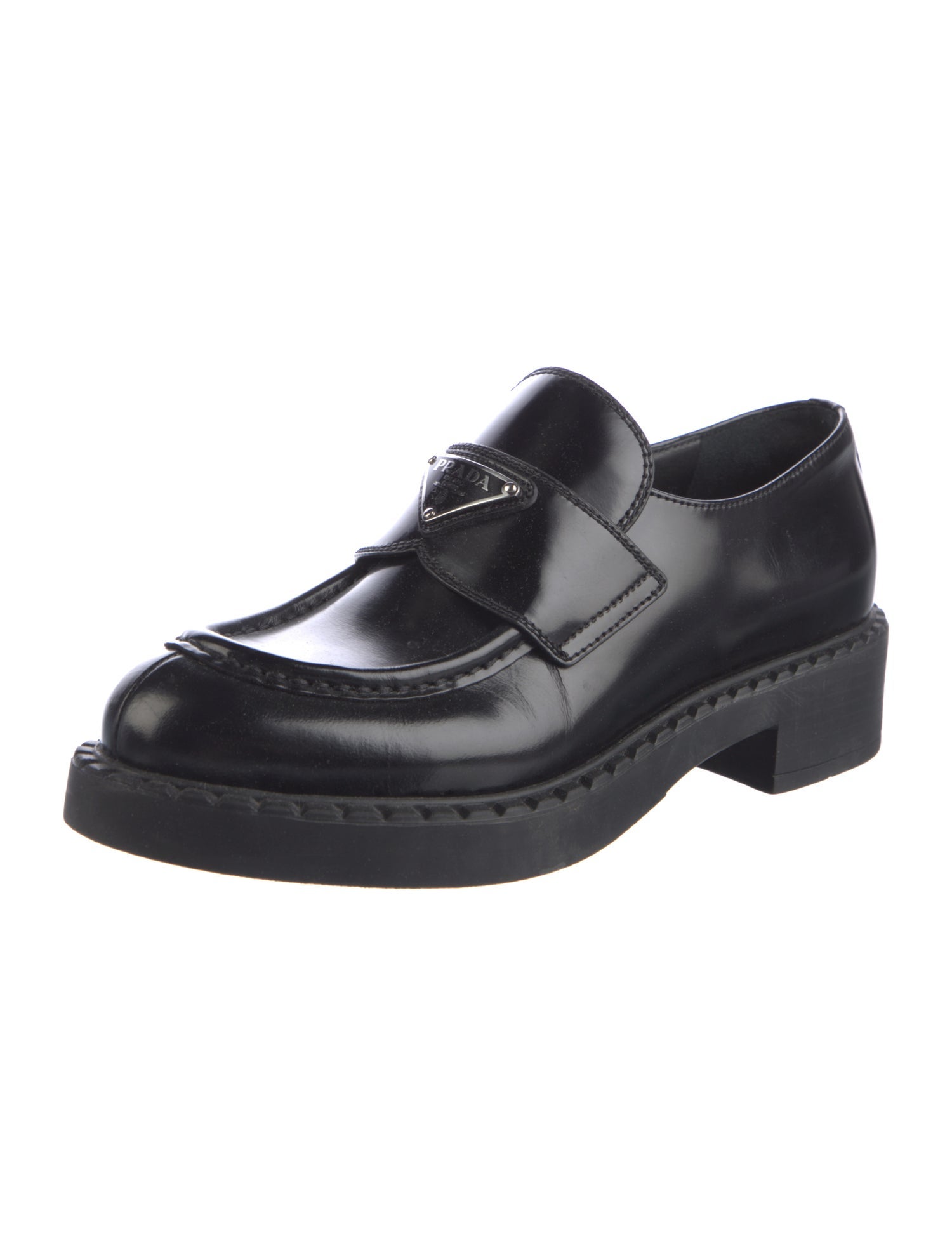 Prada Enameled Metal Triangle Leather Oxfords