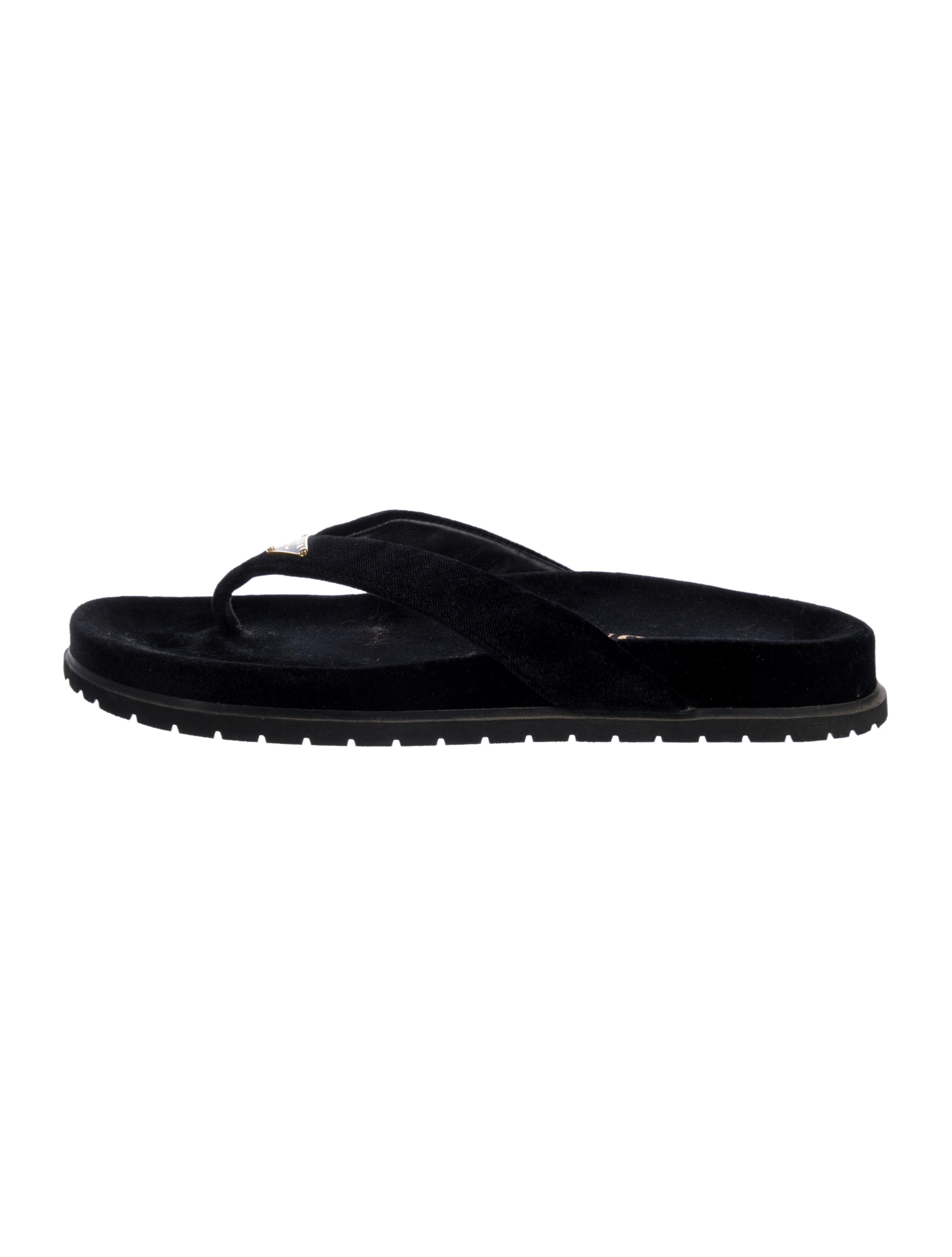 Prada Enameled Metal Triangle Velvet Flip Flops