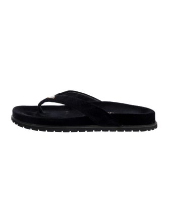 Prada Enameled Metal Triangle Velvet Flip Flops