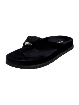 Prada Enameled Metal Triangle Velvet Flip Flops