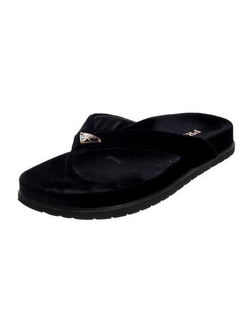 Prada Enameled Metal Triangle Velvet Flip Flops