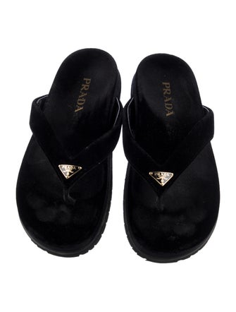 Prada Enameled Metal Triangle Velvet Flip Flops