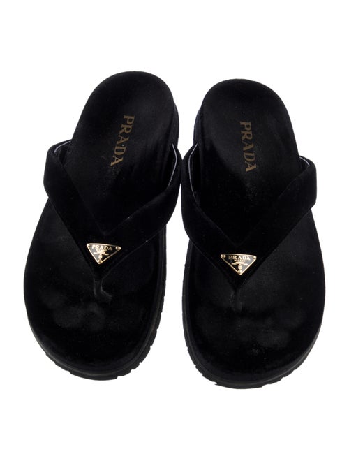 Prada Enameled Metal Triangle Velvet Flip Flops
