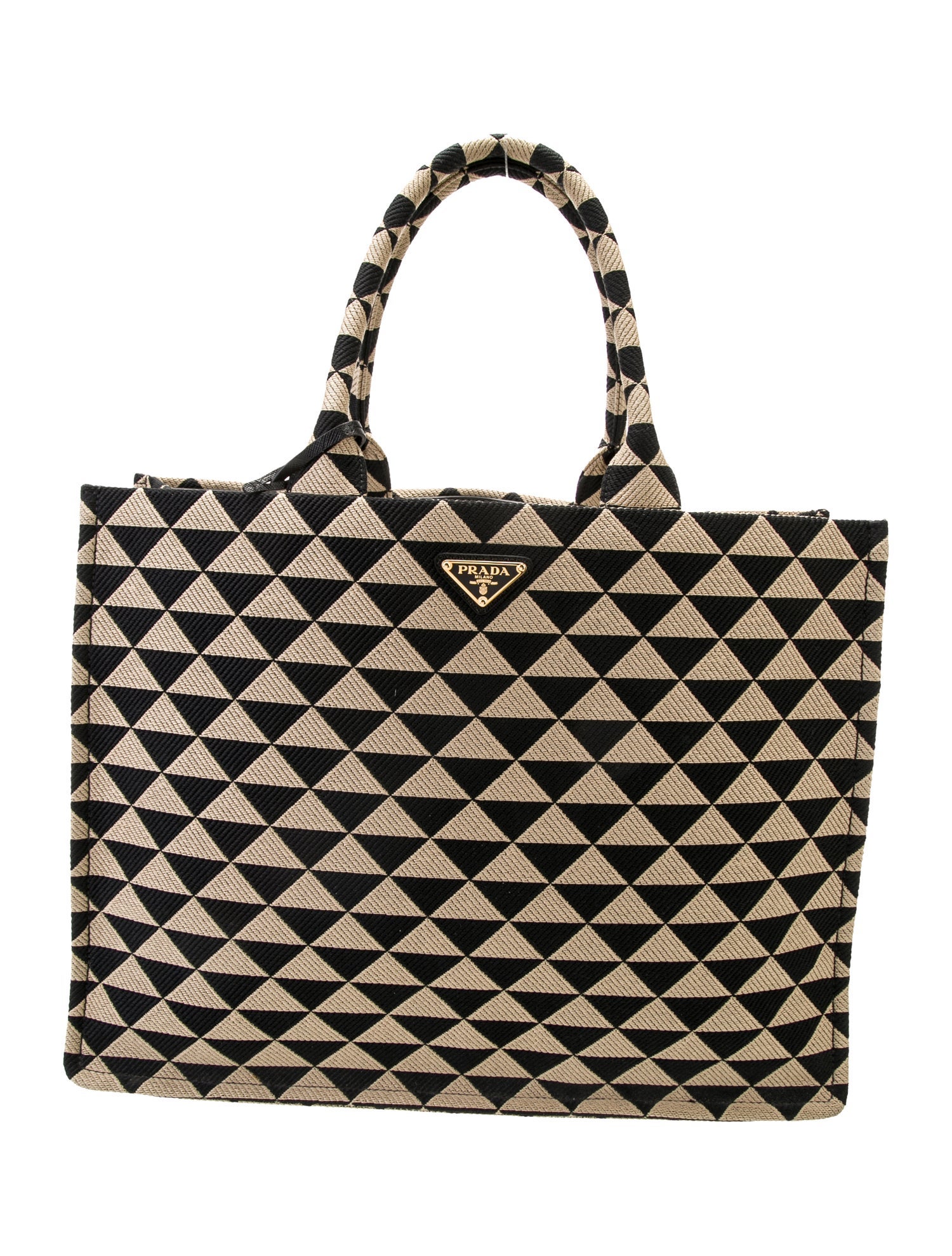 Prada Enameled Metal Triangle Large Symbole Jacquard Fabric Handbag Large