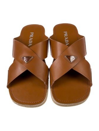 Prada Enameled Metal Triangle Leather Slides