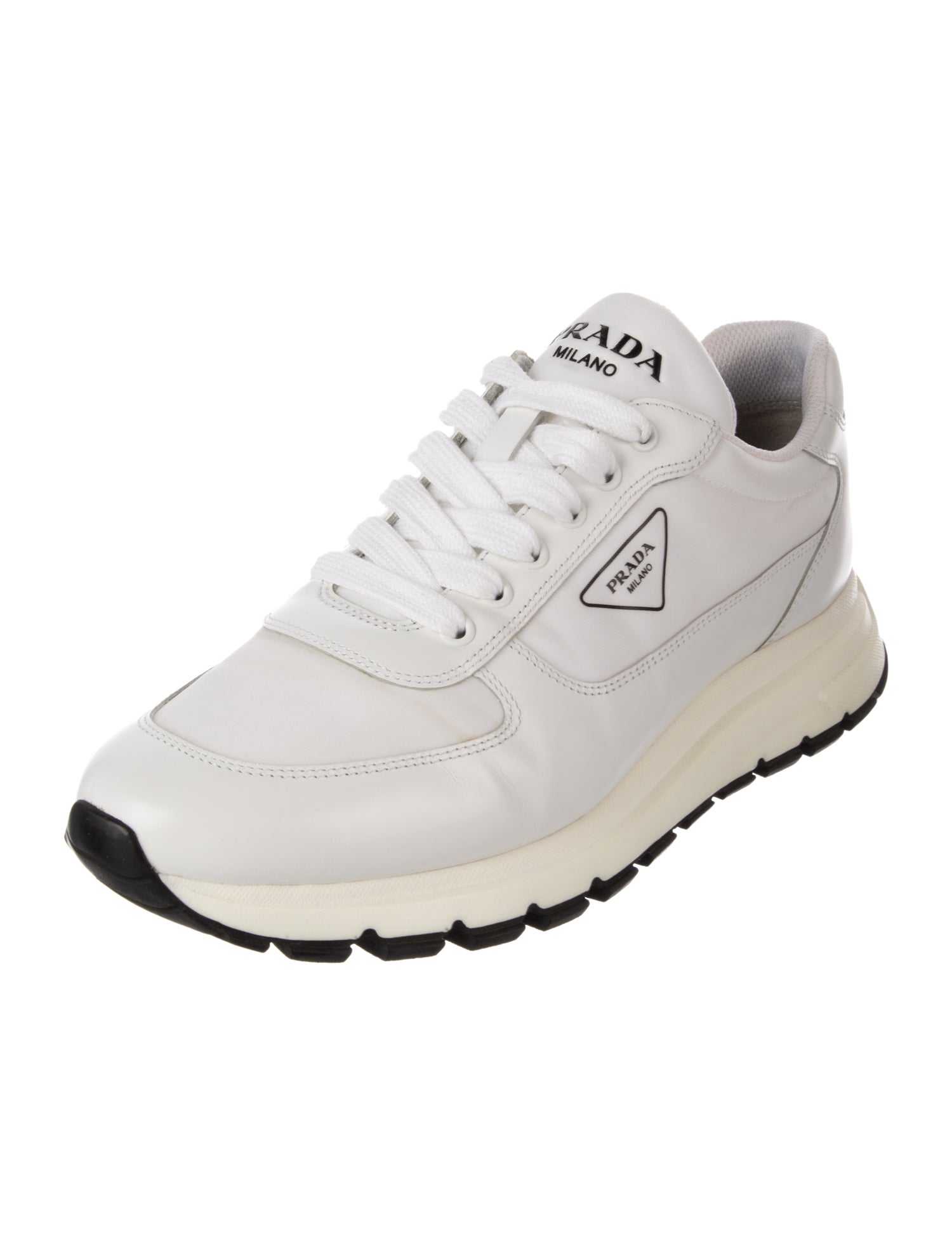 Prada Enameled Metal Triangle Leather Sneakers