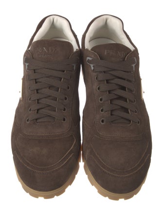 Prada Enameled Metal Triangle Suede Sneakers