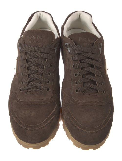 Prada Enameled Metal Triangle Suede Sneakers