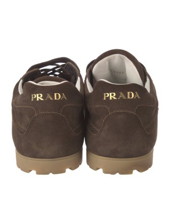 Prada Enameled Metal Triangle Suede Sneakers