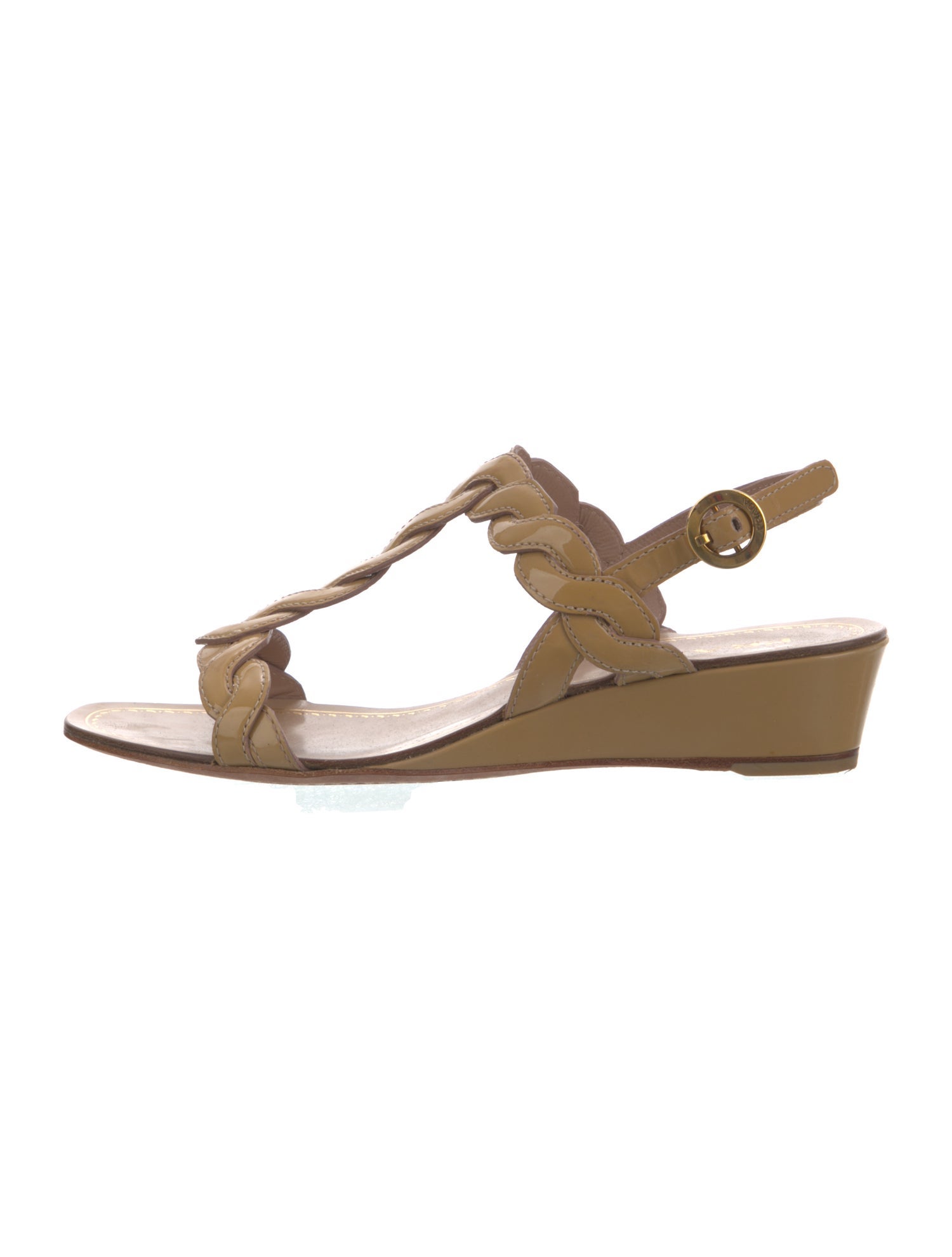 Prada Patent Leather Scalloped Accent T-Strap Sandals
