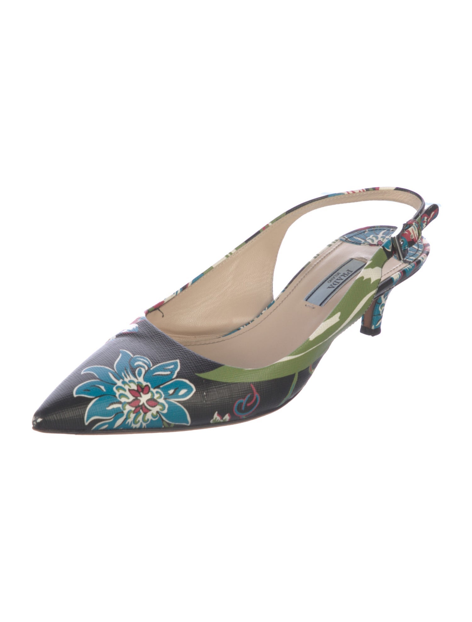 Prada Leather Floral Print Slingback Pumps