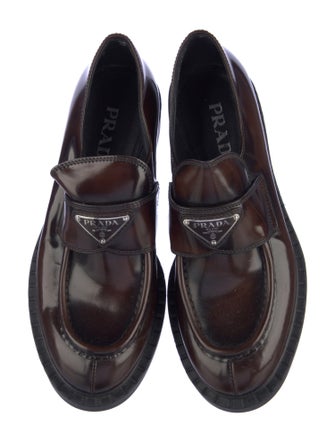 Prada Enameled Metal Triangle Leather Oxfords