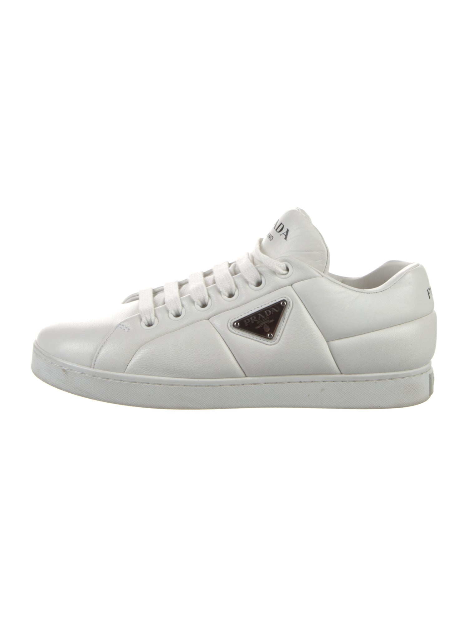 Prada Enameled Metal Triangle Leather Sneakers