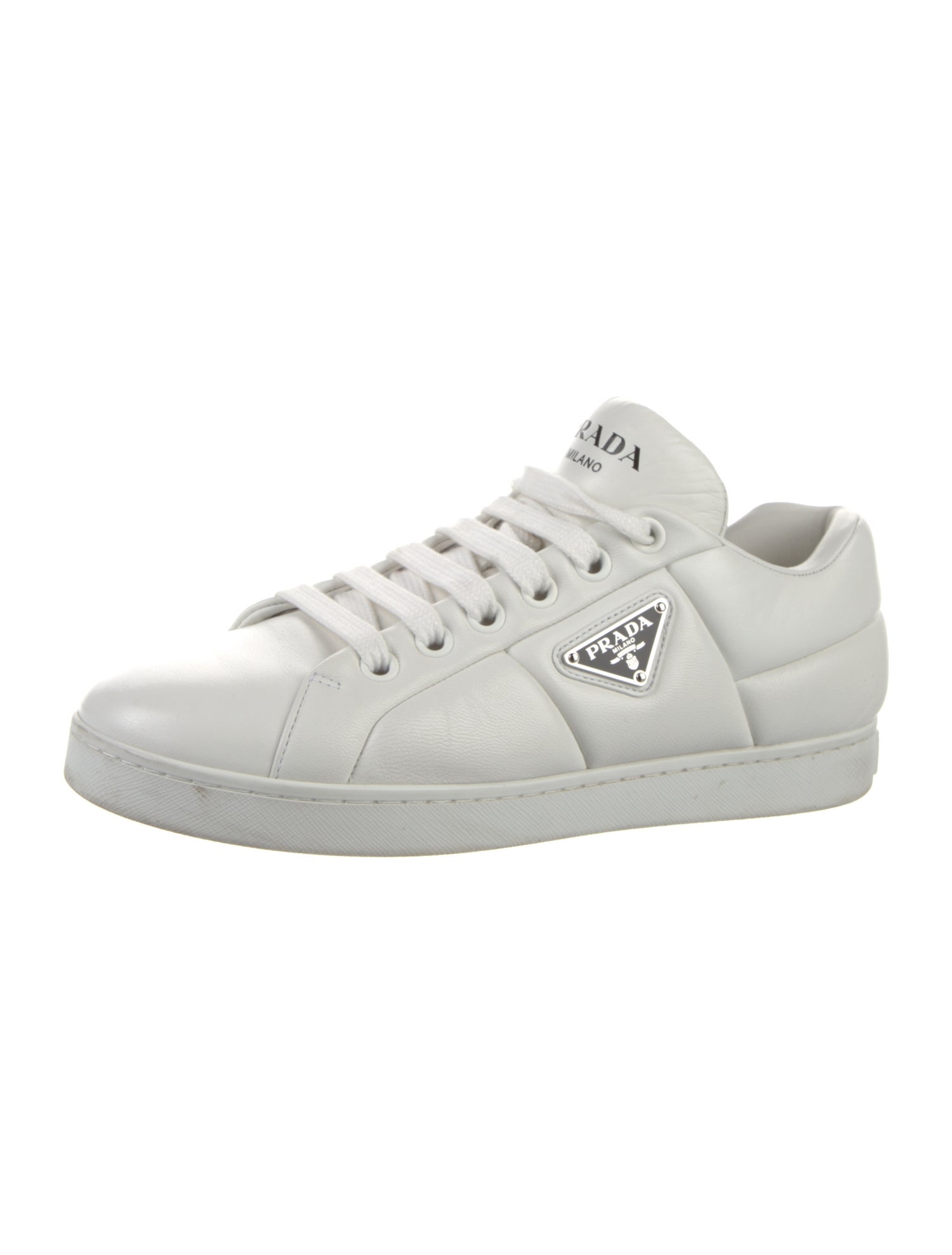 Prada Enameled Metal Triangle Leather Sneakers