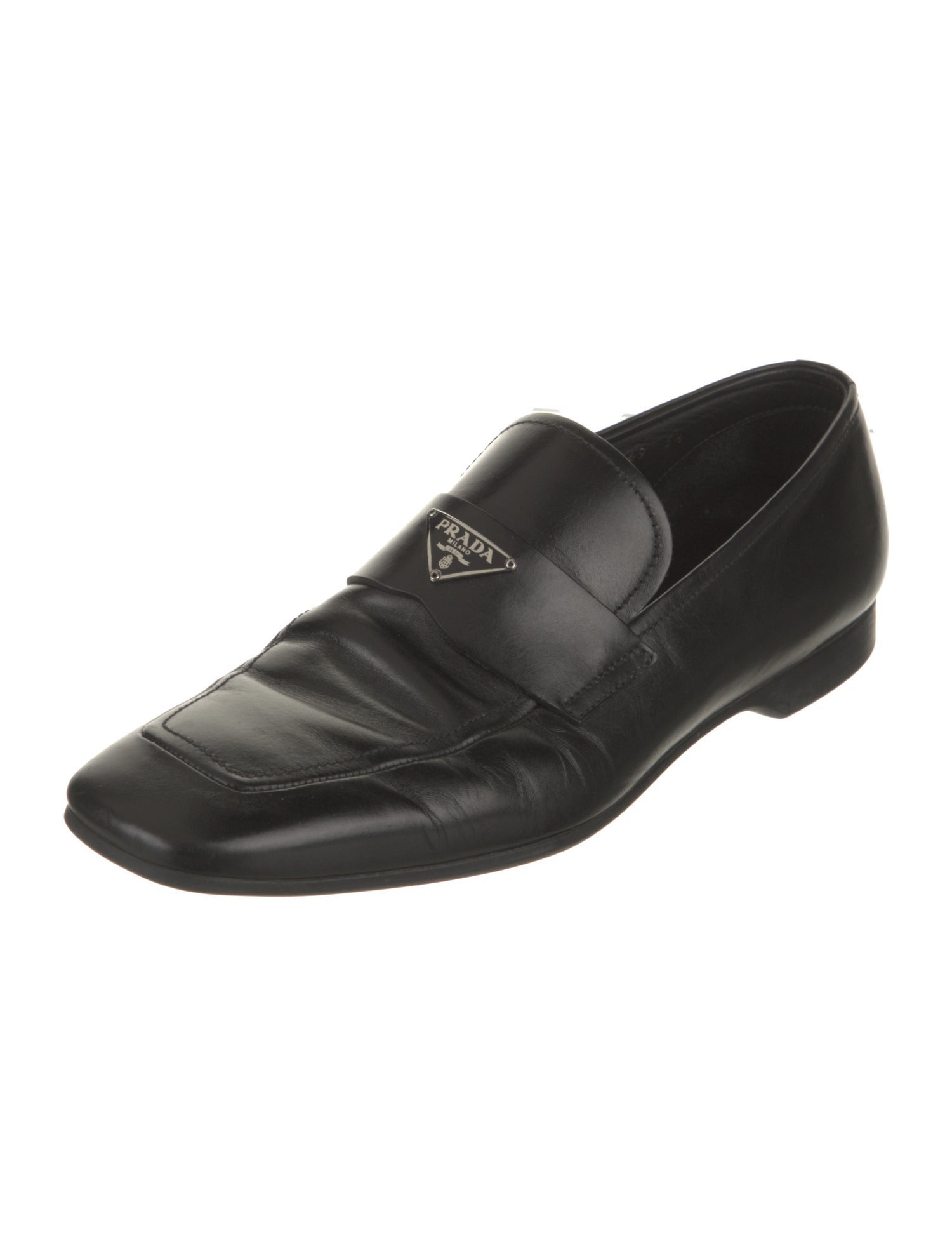 Prada Sport Enameled Metal Triangle Leather Loafers