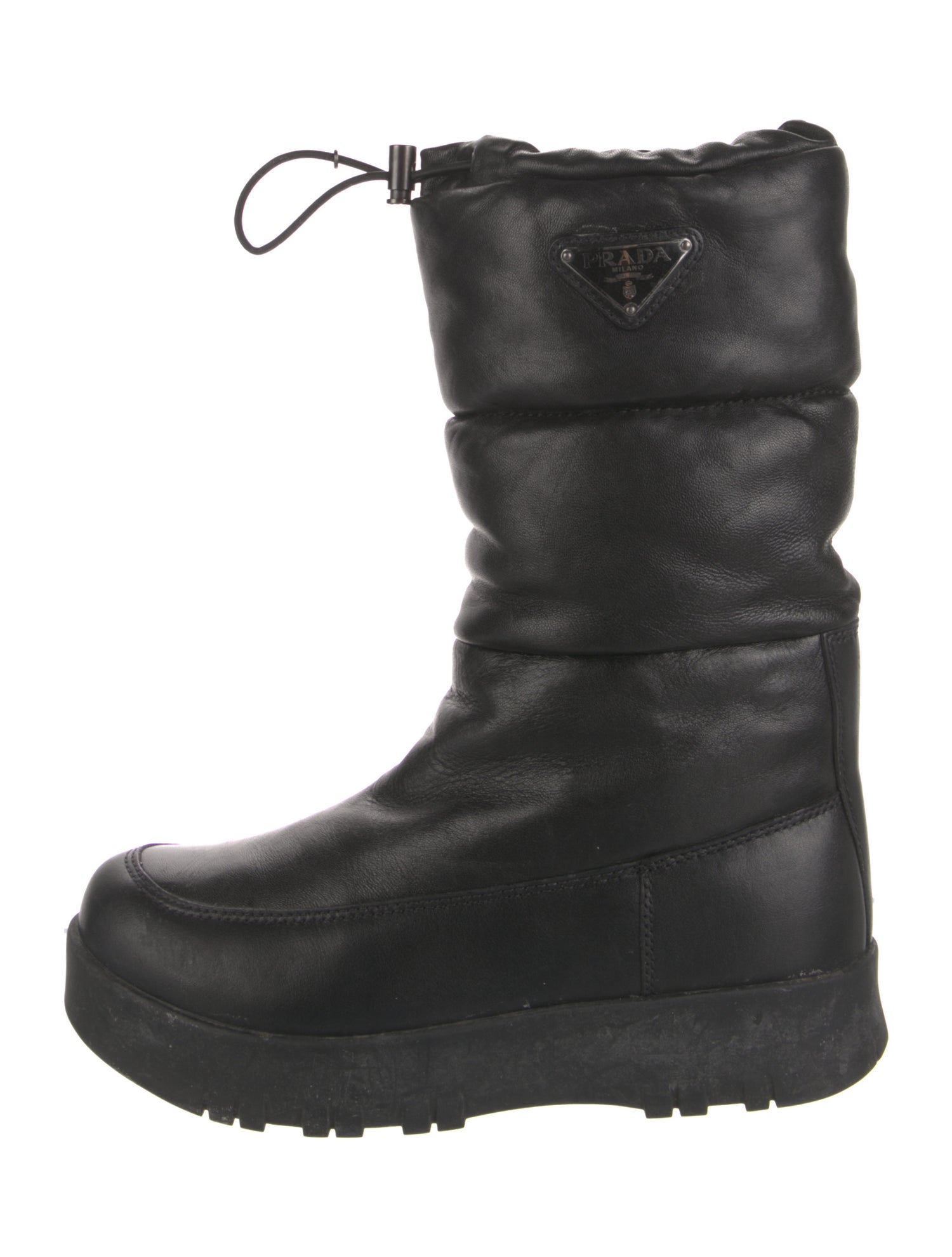 Prada Enameled Metal Triangle Leather Combat Boots