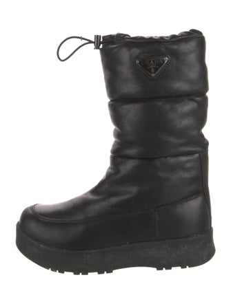 Prada Enameled Metal Triangle Leather Combat Boots