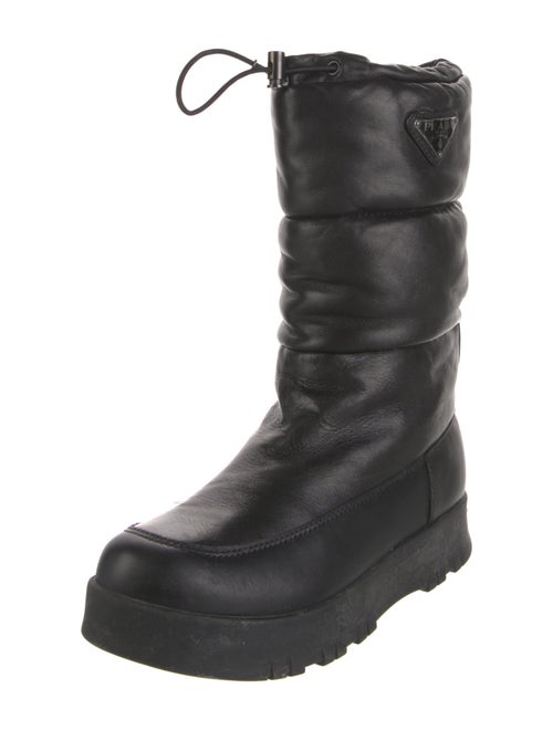 Prada Enameled Metal Triangle Leather Combat Boots